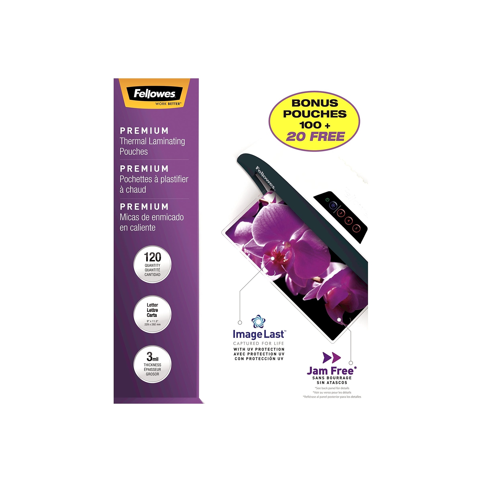 Fellowes ImageLast Premium Thermal Laminating Pouches, Letter Size, 3 Mil, 120/Pack (5228901)