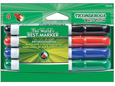 Ticonderoga White System Dry Erase Markers, Chisel Tip, Assorted, 4/Pack (92040)