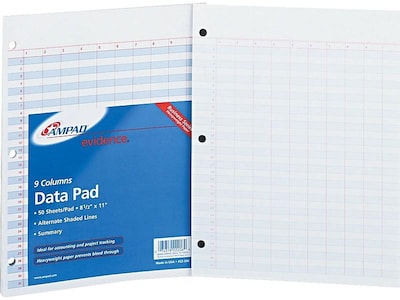 Ampad Notepad, 8.5 x 11, Data/Narrow Ruled, 9 Columns/31 Rows, White, 50 Sheets/Pad (TOP 22-206)