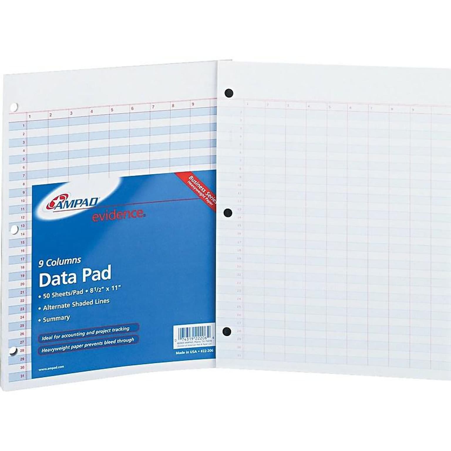 Ampad Notepad, 8.5 x 11, Data/Narrow Ruled, 9 Columns/31 Rows, White, 50 Sheets/Pad (TOP 22-206)