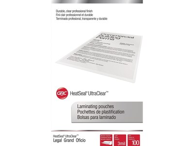 GBC HeatSeal UltraClear Thermal Laminating Pouches, Legal Size, 3 Mil, 100/Box (3745011)