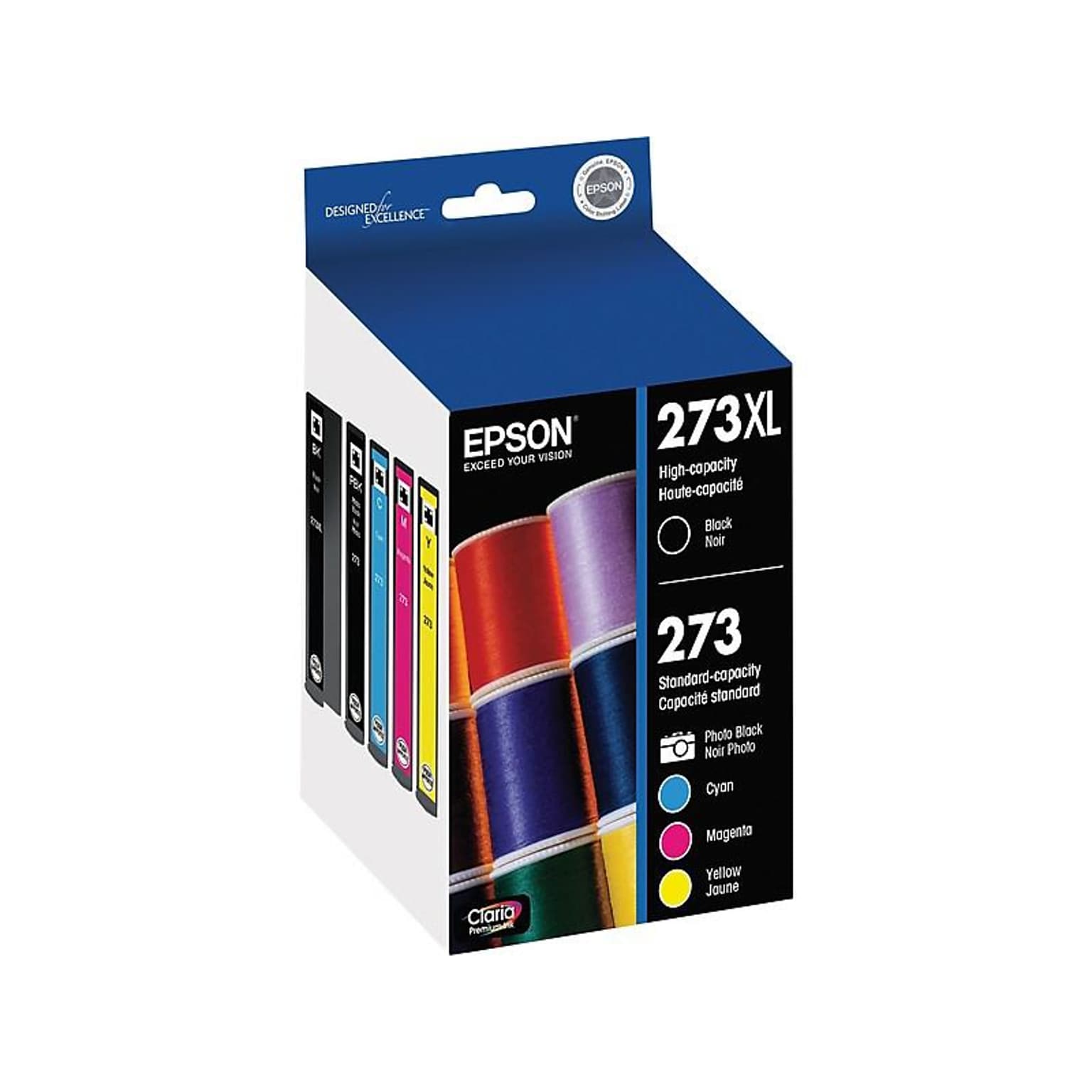 Epson T273XL/T273 Black High Yield and Cyan/Magenta/Yellow Standard Yield Ink Cartridges, 5/Pack (T273XL-BCS)