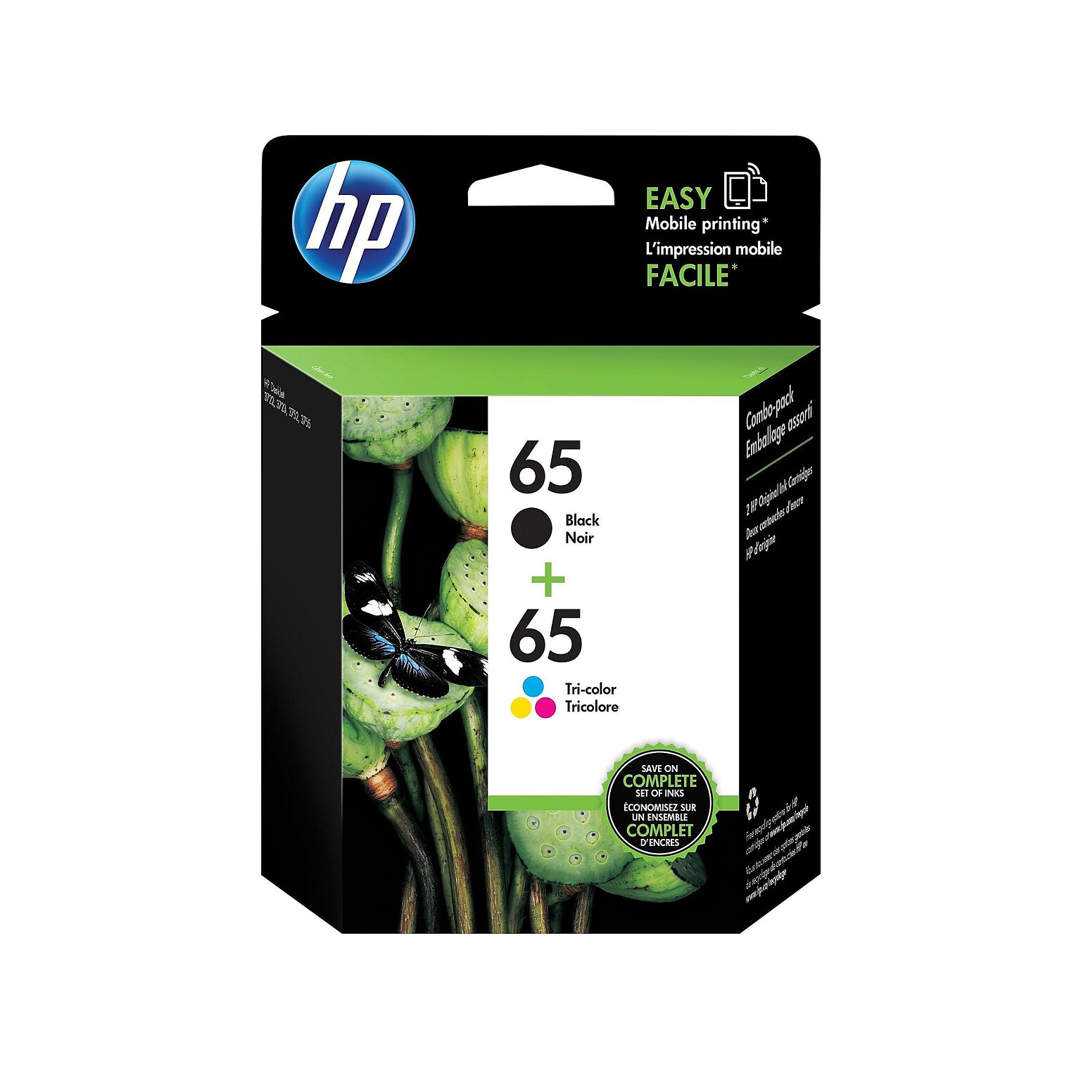 HP 65 Black/Tri-Color Standard Yield Ink Cartridge, 2/Pack (T0A36AN#140)