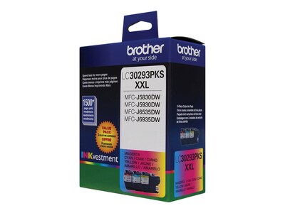 Brother LC30293PKS Cyan/Magenta/Yellow Extra High Yield Ink Cartridge, 3/Pack