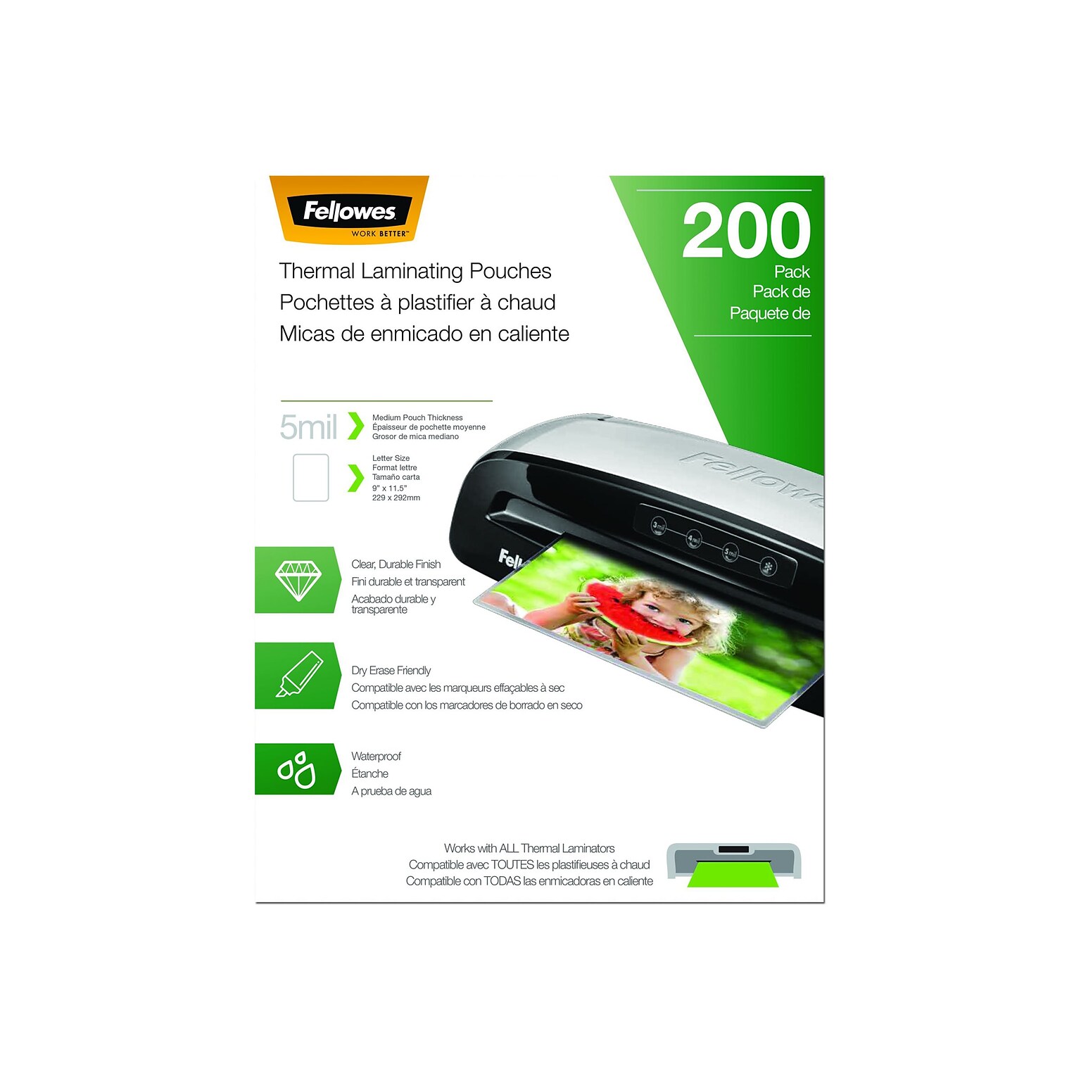 Fellowes Thermal Laminating Pouches, Letter Size, 5 Mil, 200/Pack (5743601)