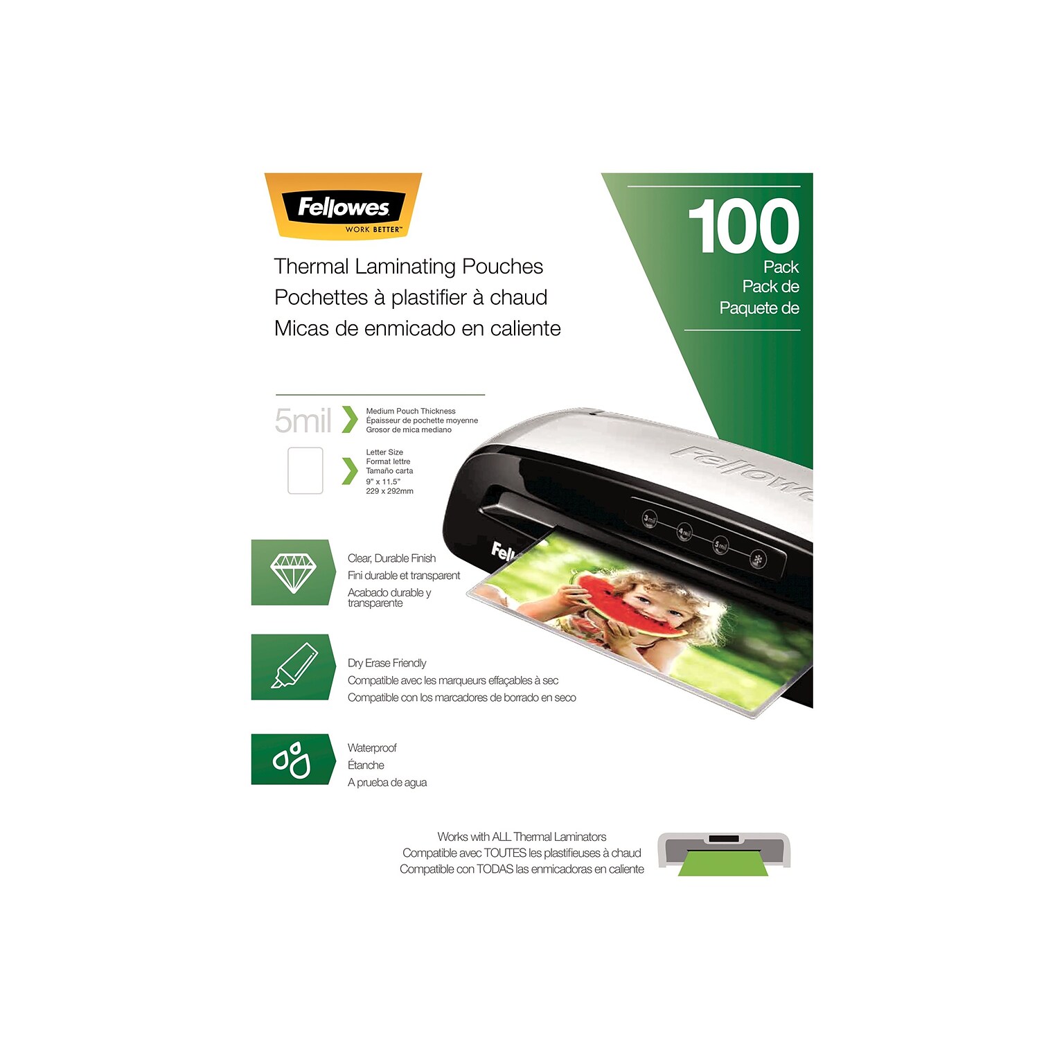 Fellowes Thermal Laminating Pouches, Letter Size, 5 Mil, 100/Pack (5743501)