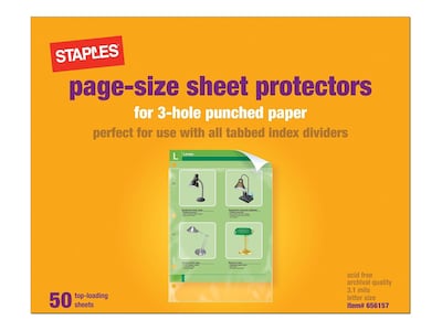 Staples Sheet Protectors for 3-Hole Punched Paper , Clear, 50/Box (15943-CC)