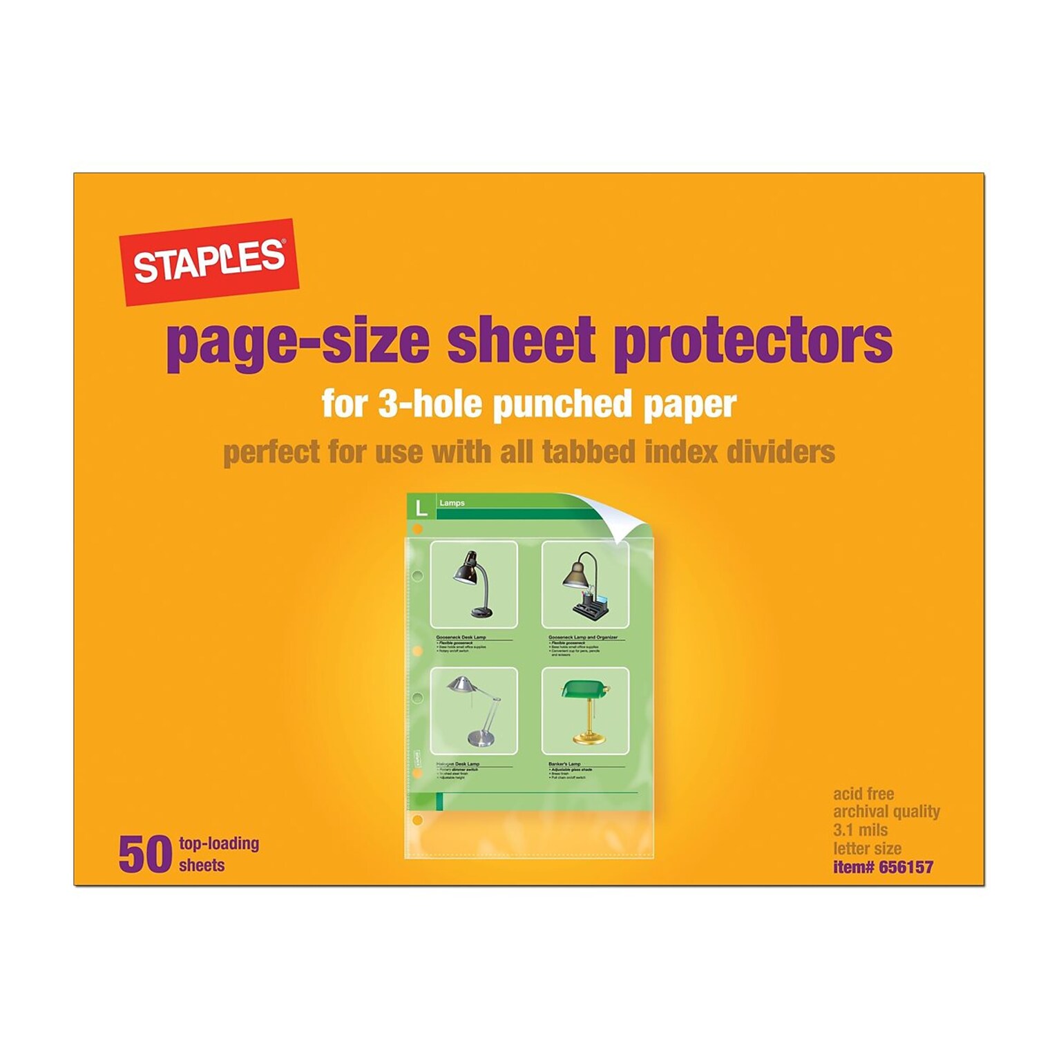 Staples Sheet Protectors for 3-Hole Punched Paper , Clear, 50/Box (15943-CC)