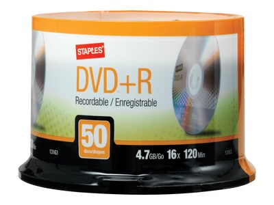 Staples 13163 16x DVD+R, Silver, 50/Pack