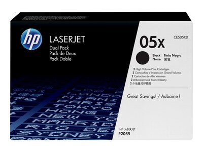 HP 05X Black High Yield Toner Cartridge, 2/Pack (CE505XD)