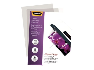 Fellowes SuperQuick Thermal Laminating Pouches, Letter Size, 3 Mil, 100/Pack (5245801)