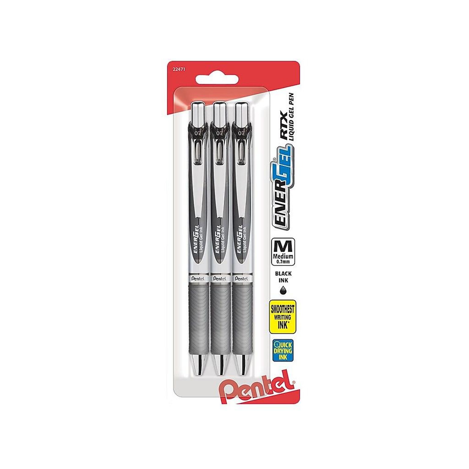 Pentel EnerGel RTX Retractable Gel Pens, Medium Point, 0.7mm, Black Ink, 3/Pack (BL77BP3A)