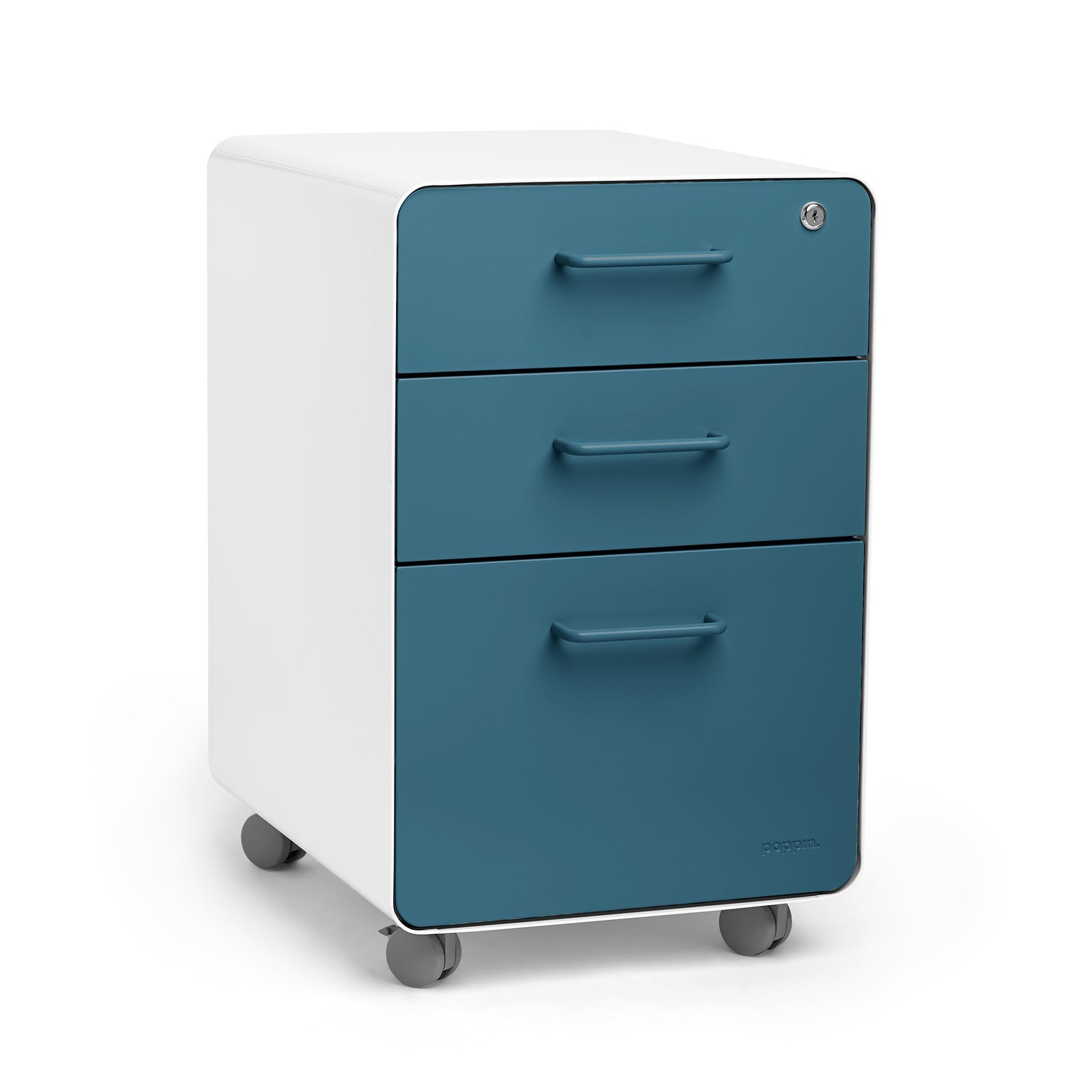 Poppin Stow 3-Drawer Mobile Vertical File Cabinet, Legal Size, Lockable, 28.35H x 20.24W x 23.7D, Blue (106039)