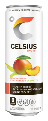 Celsius Peach Mango Green Tea Drink, 12 Fl. Oz., 12/Carton (CLL01055)