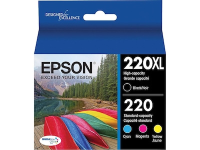 Epson T220 Black High Yield and Cyan/Magenta/Yellow Standard Yield Ink Cartridge, 4/Pack   (T220XL-B