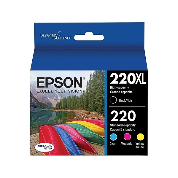 Epson T220 Black High Yield and Cyan/Magenta/Yellow Standard Yield Ink Cartridge, 4/Pack (T220XL-BCS)