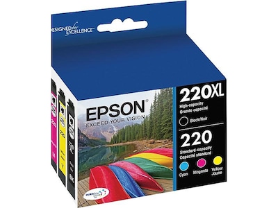 Epson T220 Black High Yield and Cyan/Magenta/Yellow Standard Yield Ink Cartridge, 4/Pack   (T220XL-BCS)
