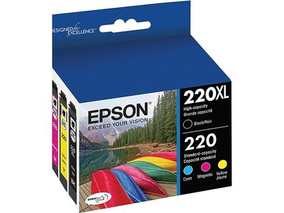 Epson T220 Black High Yield and Cyan/Magenta/Yellow Standard Yield Ink Cartridge, 4/Pack   (T220XL-BCS)