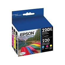 Epson T220 Black High Yield and Cyan/Magenta/Yellow Standard Yield Ink Cartridge, 4/Pack (T220XL-BCS