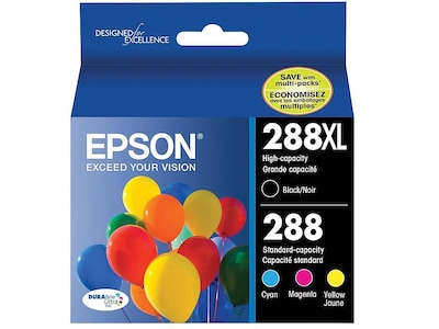 Epson T288 Black High Yield and Cyan/Magenta/Yellow Standard Yield Ink Cartridge, 4/Pack   (T288XL-B