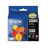 Epson T288 Black High Yield and Cyan/Magenta/Yellow Standard Yield Ink Cartridge, 4/Pack (T288XL-BCS