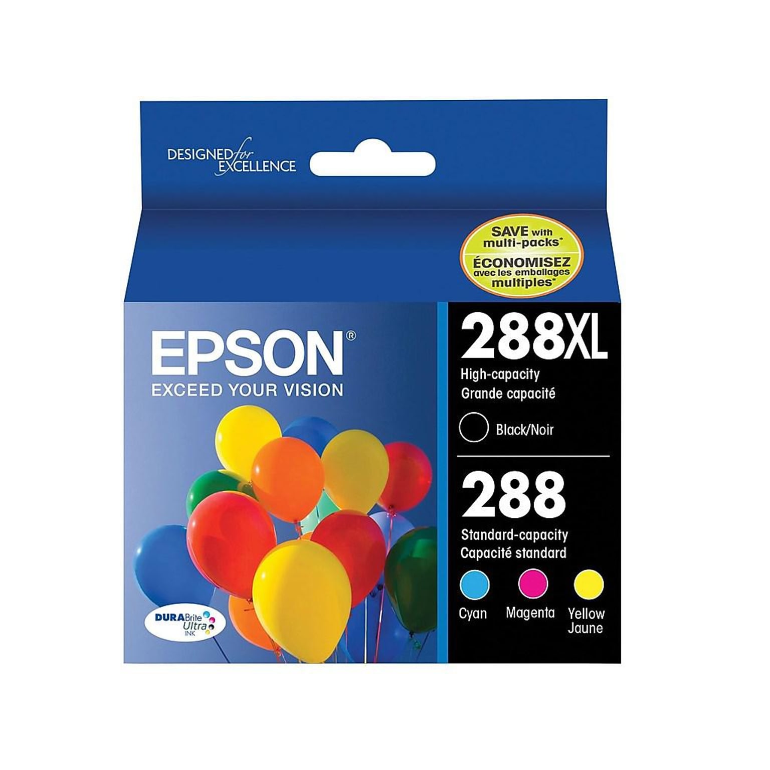 Epson T288 Black High Yield and Cyan/Magenta/Yellow Standard Yield Ink Cartridge, 4/Pack (T288XL-BCS)