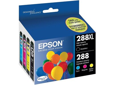 Epson T288 Black High Yield and Cyan/Magenta/Yellow Standard Yield Ink Cartridge, 4/Pack   (T288XL-BCS)