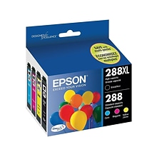 Epson T288 Black High Yield and Cyan/Magenta/Yellow Standard Yield Ink Cartridge, 4/Pack   (T288XL-B