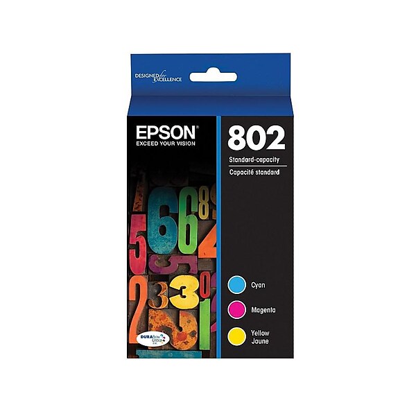 Epson T802 Cyan/Magenta/Yellow Standard Yield Ink Cartridge, 3/Pack