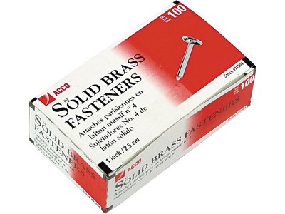 ACCO Solid Brass Fasteners, 1 Shank, Brass, 100/Box (71504)