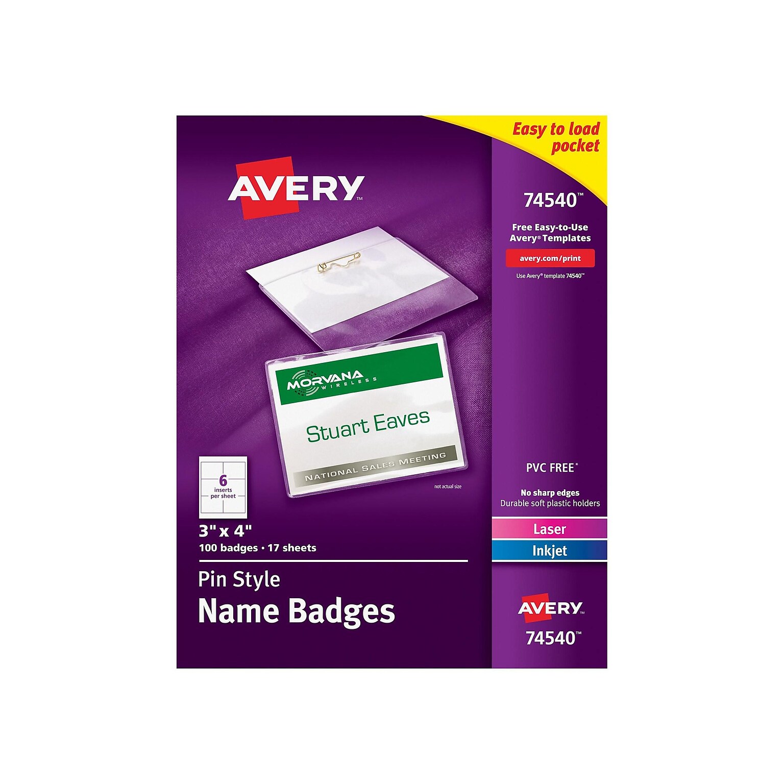 Avery Pin Style Laser/Inkjet Name Badge Kit, 3 x 4, Clear Holders with White Inserts, 100/Box (74540)