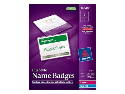 Avery Pin Style Laser/Inkjet Name Badge Kit, 3" x 4", Clear Holders with White Inserts, 100/Box (74540)