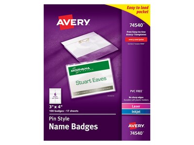Avery Pin Style Laser/Inkjet Name Badge Kit, 3" x 4", Clear Holders with White Inserts, 100/Box (74540)