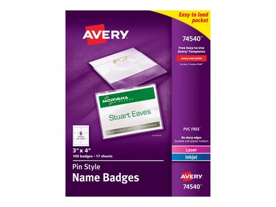 Avery Pin Style Laser/Inkjet Name Badge Kit, 3" x 4", Clear Holders with White Inserts, 100/Box (74540)