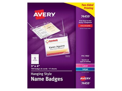Avery Hanging Style Laser/Inkjet Name Badge Kit, 3" x 4", Clear Holders with White Inserts, 100/Box (74459)