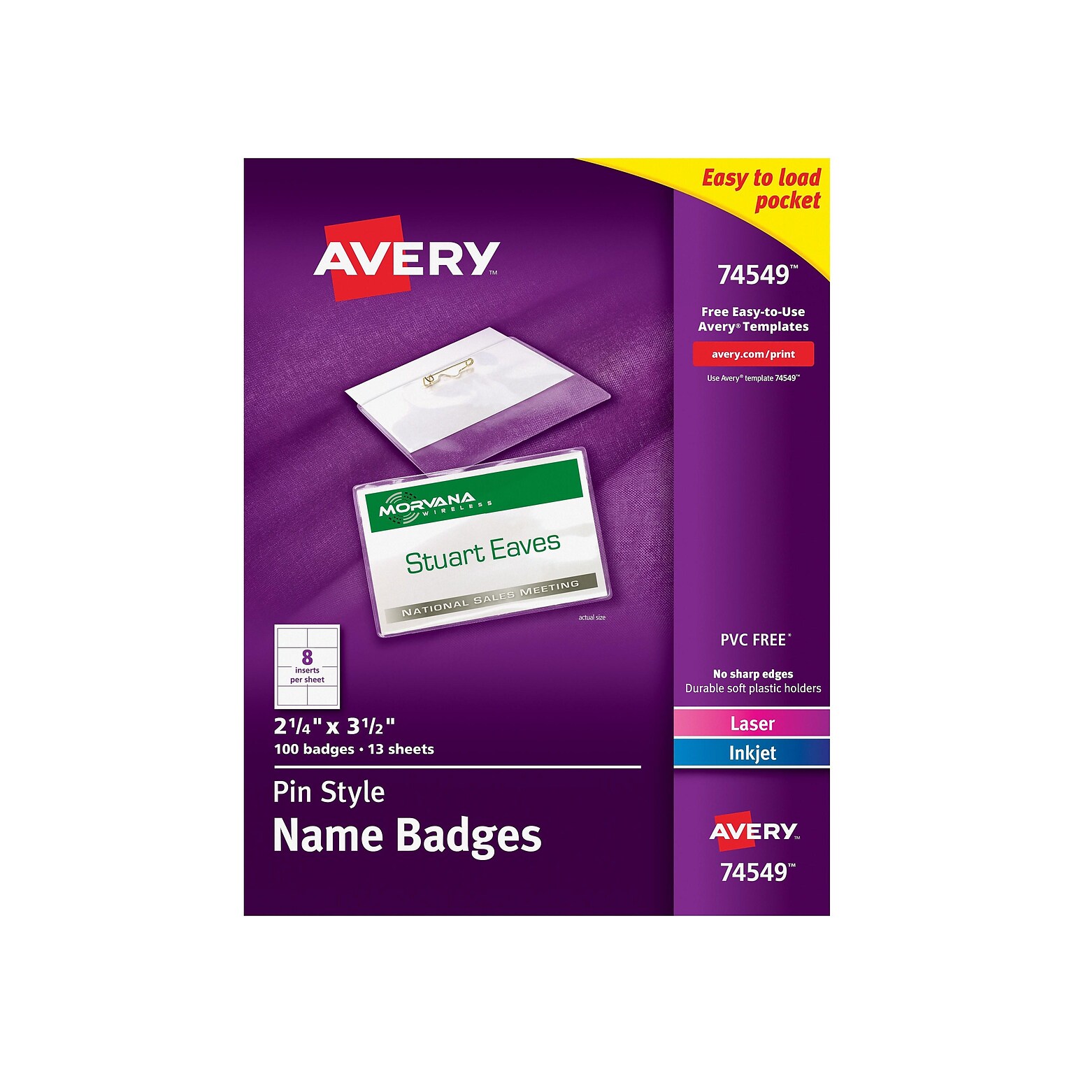 Avery Pin Style Laser/Inkjet Name Badge Kit, 2 1/4 x 3 1/2, Clear Holders with With Inserts, 100/Box (74549)