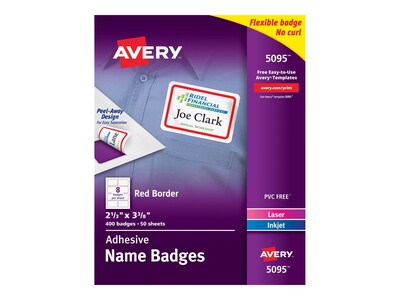 Avery Flexible Laser/Inkjet Name Badge Labels, 2 1/3" x 3 3/8", White with Red Border, 400 Labels Per Pack (5095)
