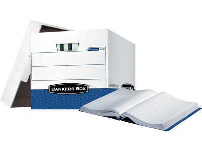 Bankers Box Data-Pak Heavy-Duty Corrugated File Storage Boxes, Lift-Off Lid, Letter Size, White/Blue, 4/Carton (0064802)