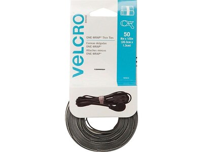 Velcro One-Wrap 0.5"W x 8"L Ties Hook & Loop Fasteners, Black/Gray, 50/Pack (90924)