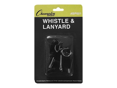 Champion Sports Plastic Whistle and Lanyard Combo Black/Silver, 12/Bundle (BP601)