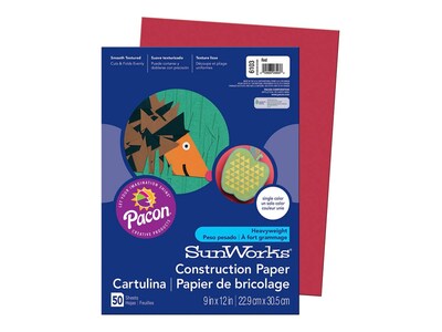 SunWorks 9"W x 12"L Construction Paper, Red, 50/Pack (6103)