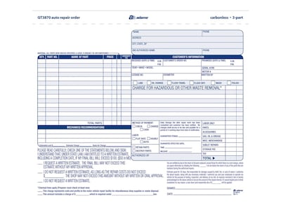 Adams 3-Part Carbonless Auto Repairs, 8.5L x 7.44W, 50 Sets/Book (GT3870)