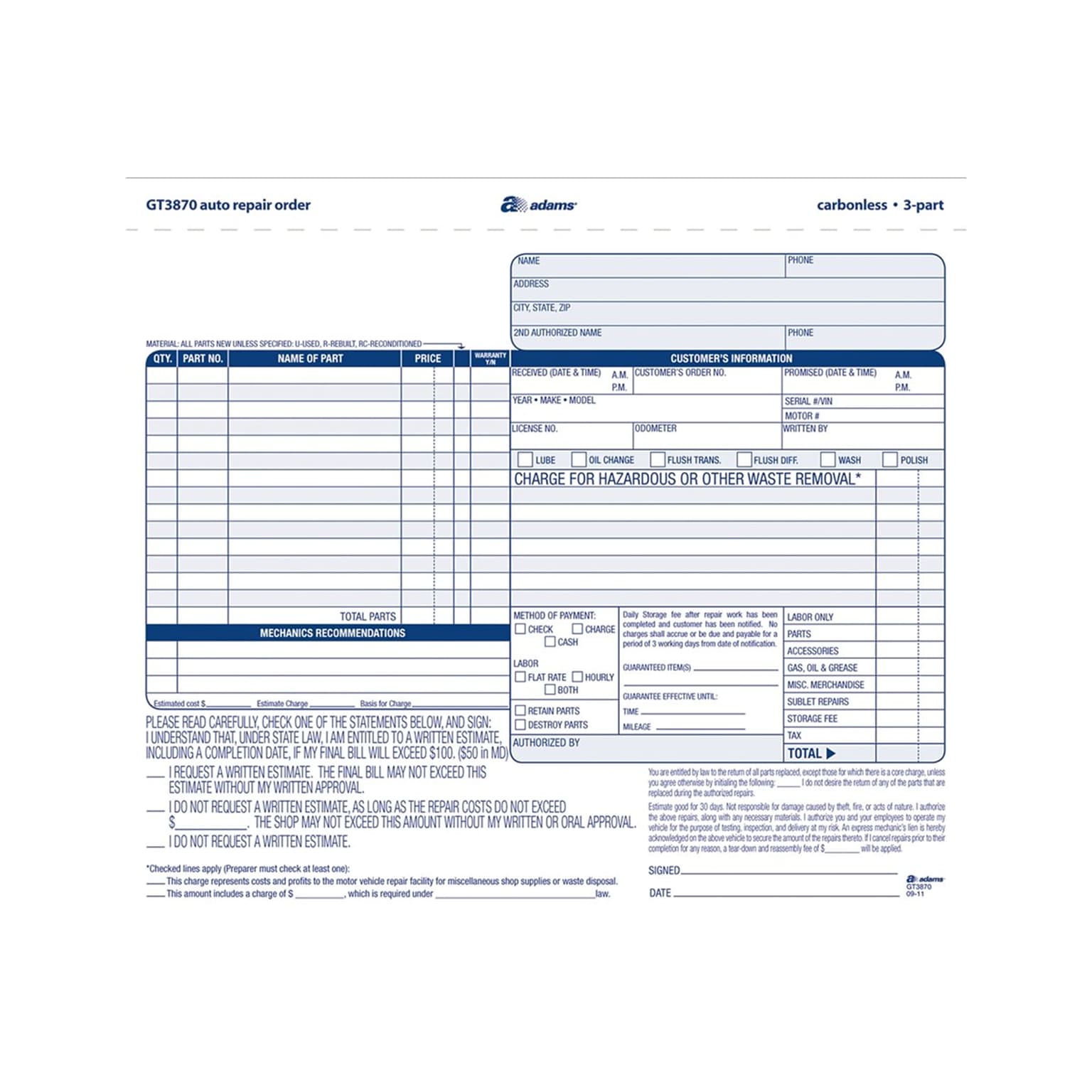 Adams 3-Part Carbonless Auto Repairs, 8.5L x 7.44W, 50 Sets/Book (GT3870)