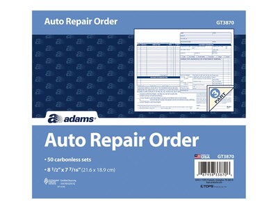 Adams 3-Part Carbonless Auto Repairs, 8.5"L x 7.44"W, 50 Sets/Book (GT3870)