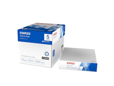 Staples Multiuse Copy Paper, 8.5 x 11, 20 lbs., Bright White, 500 Sheets/Ream, 5 Reams/Carton (519