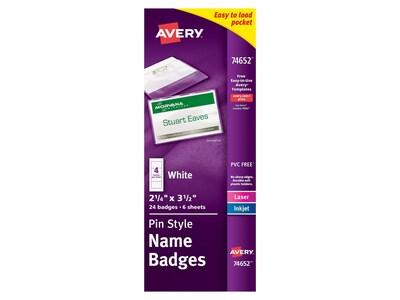 Avery Pin Style Laser/Inkjet Name Badge Kit, 2 1/4 x 3 1/2, Clear Holders with White Inserts, 24/P