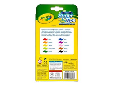 Crayola Super Tips Washable Markers, Fine Line, Assorted Colors, 10/Box (58-8610)