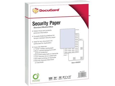 Paris DocuGard Standard 8.5 x 11 Medical Security Paper, 24 lbs., Blue, 500 Sheets/Ream, 2500/Cart