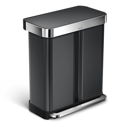 simplehuman Dual Compartment Rectangular Step Trash and Recycling Can, 15.3 Gallon, Black