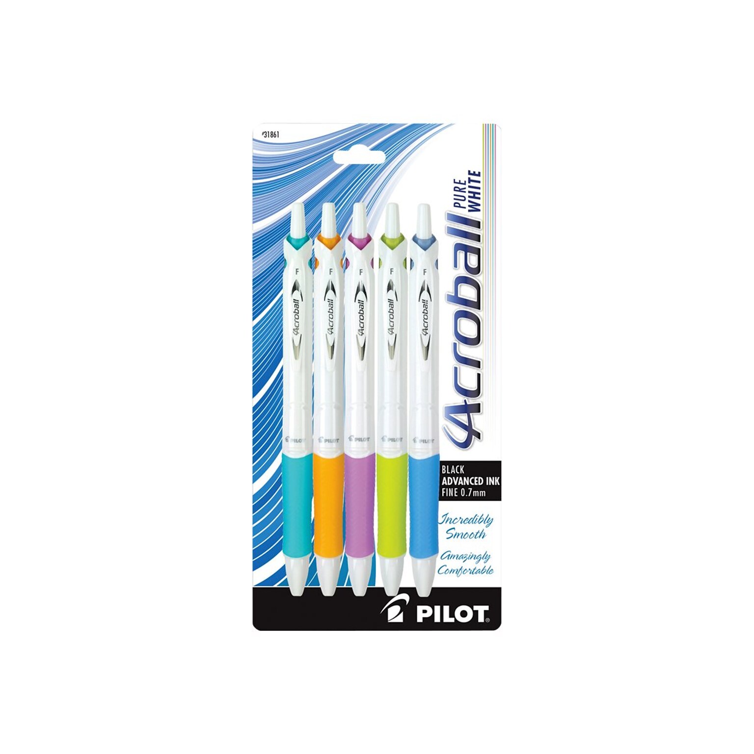 Pilot Acroball PureWhite Advanced Ink Retractable Ballpoint Pens, Fine Point, Black Ink, 5/Pack (31861)